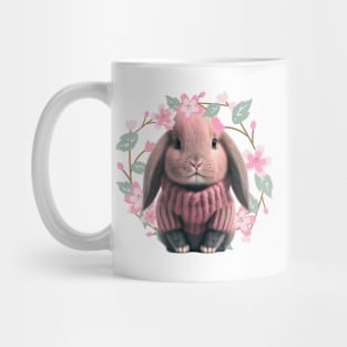 Adorable Baby Bunny in pink wool sweater - crown of charming flowers and leave Mug